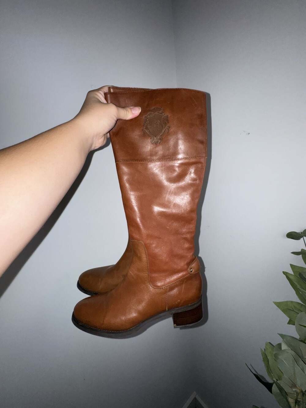 Etienne Aigner Women's Brown Leather Knee High Riding Boots with Crest Logo